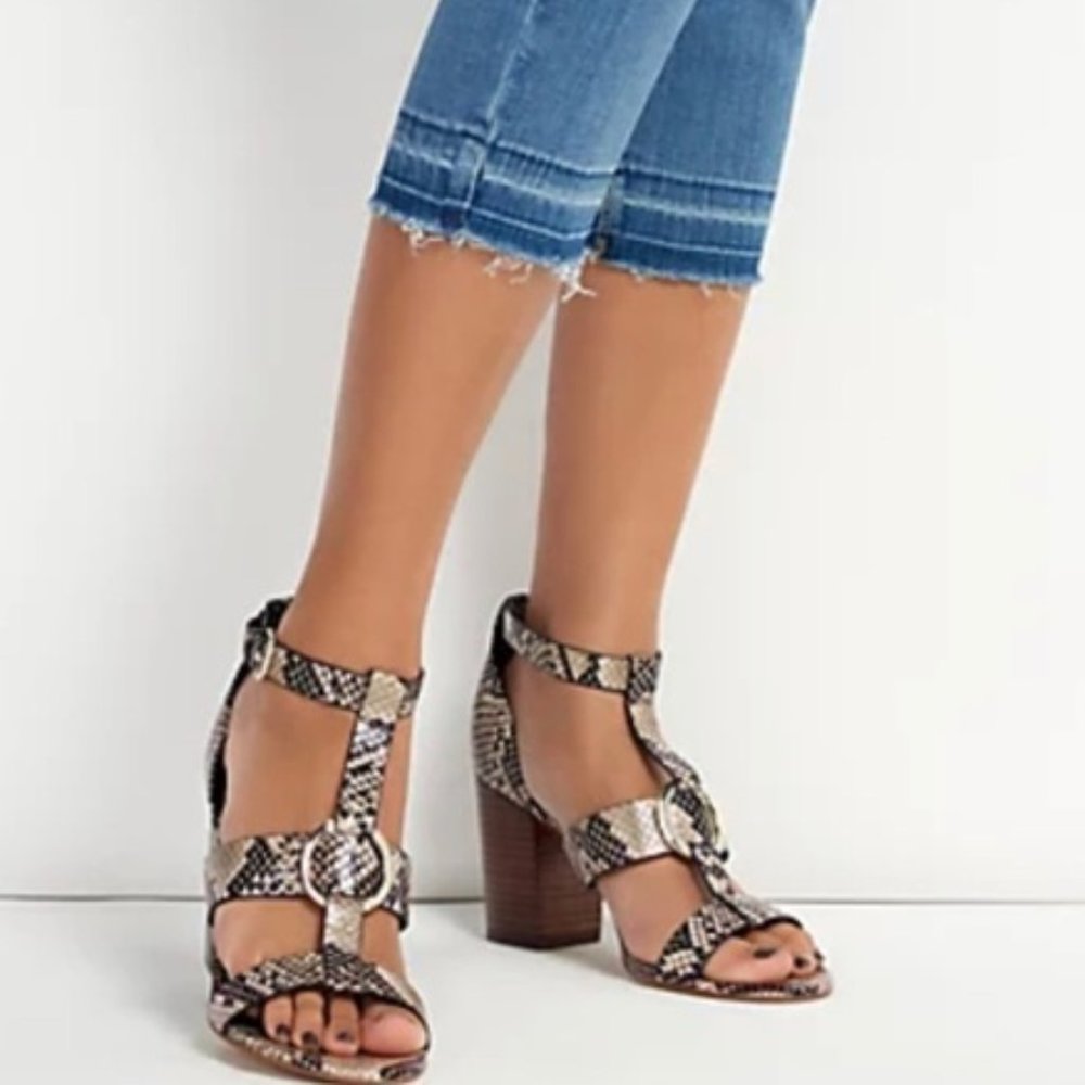 Marc Fisher Walinda T-Strap Snakeskin Print Block Heel Sandals Size 7.5 - Picture 1 of 10